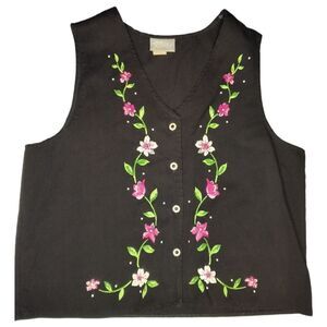 Vintage Painted Floral Black Sleeveless Vest Floral Button Retro Large